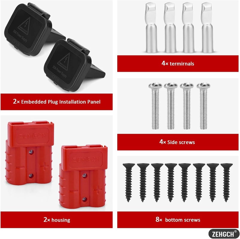 ZEHGCH 2PCS 12-36V Battery Quick Connect/Disconnect Electrical Connector Plug Kit with Flush Mount Dust Cover (Red,50A 6AWG) - Image 4